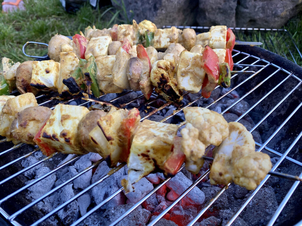 Halloumi cheese & veg skewers on the BBQ for camping dinner