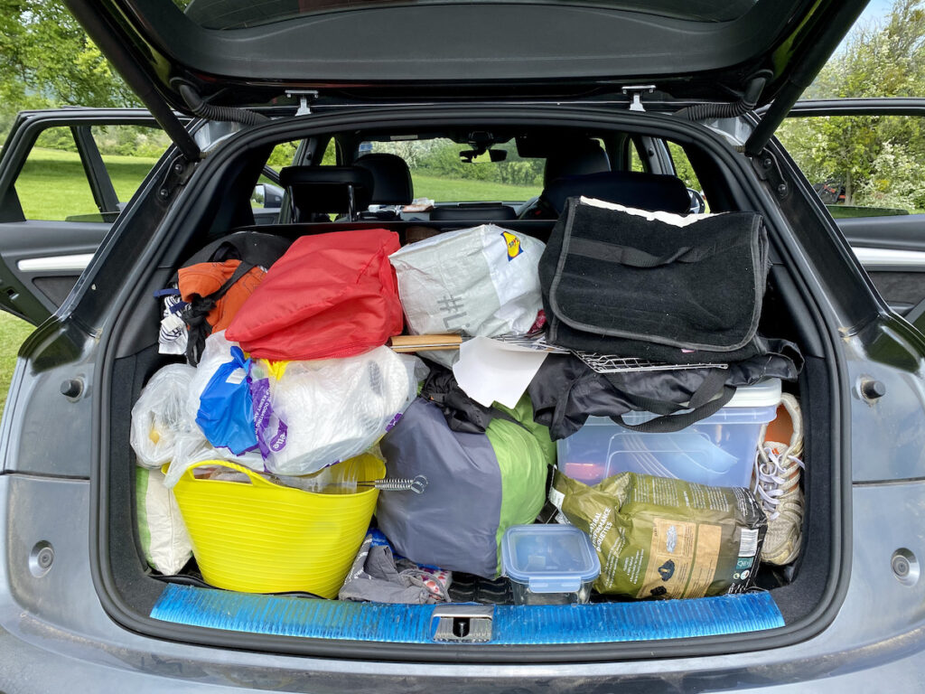 Fully packed boot with camping gear