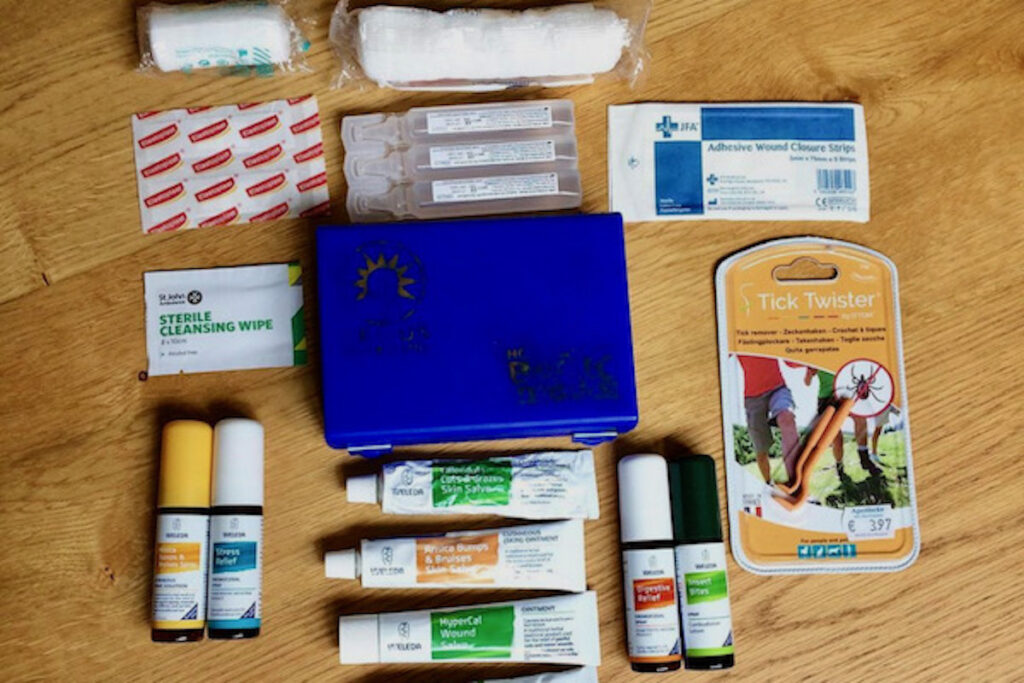 Mini First Aid Kit for camping with salves and sprays and  plasters