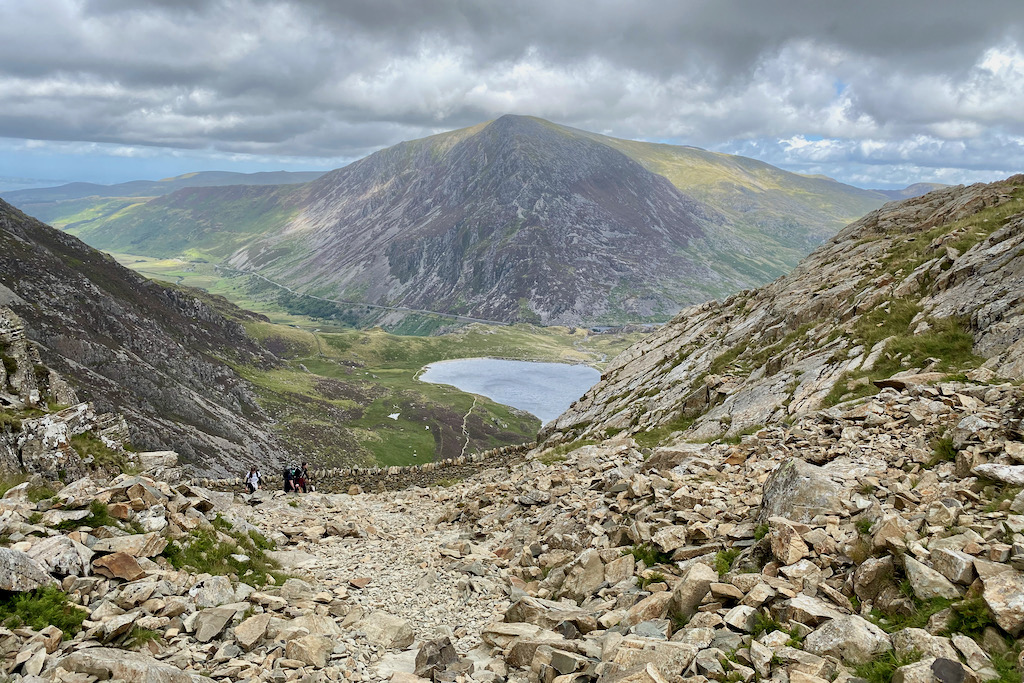 View from Devil's Kitchen field towards Llyn Idwal and Pen Yr Ole Wen in the background